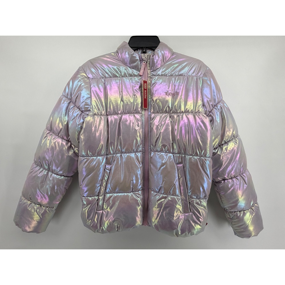 Levis Girls Iridescent Puffer Jacket Coat Holographic Pink Purple XL 13-15 Years - Picture 1 of 7